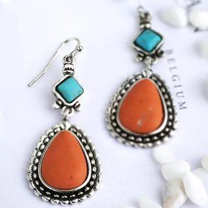 Vintage Western Boho Silver Turquoise Long Dangle Earrings - NEW